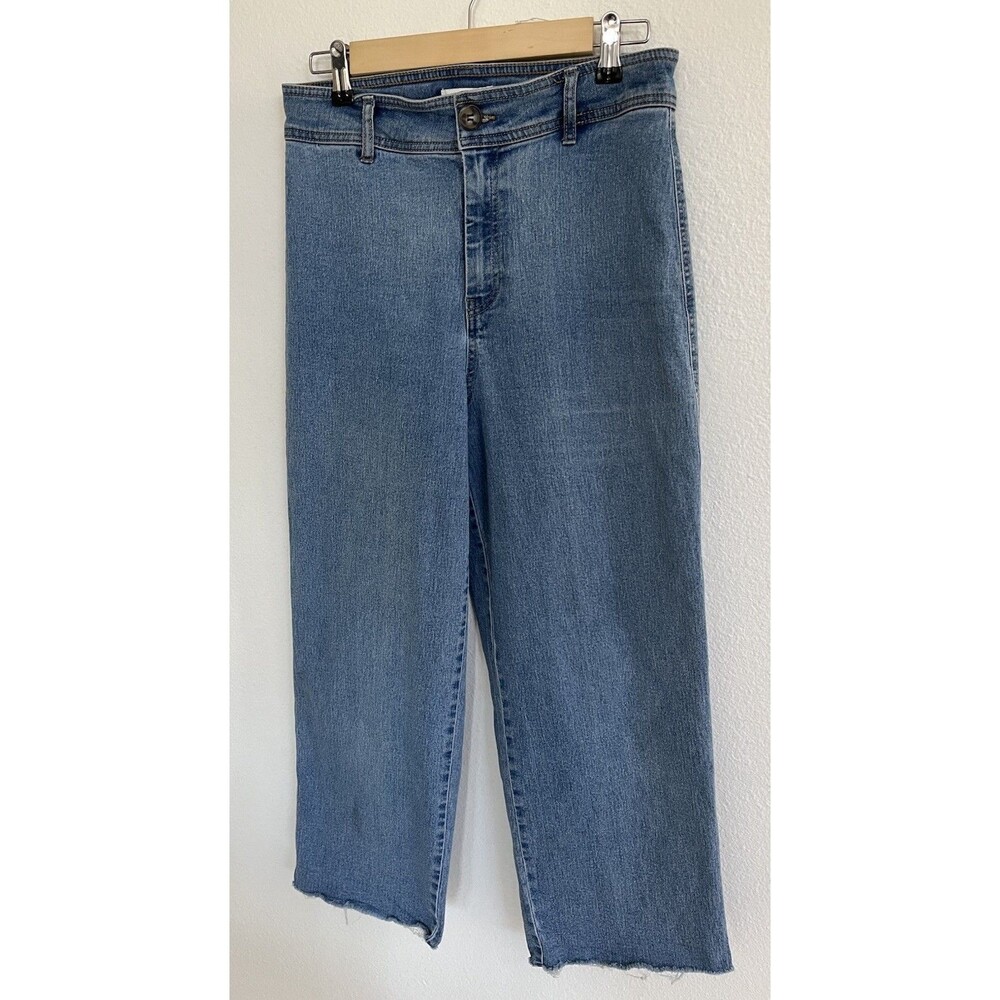 H&M High Rise Wide Leg Frayed Raw Hem Jeans Size 10 Medium Wash Blue Denim Y2K